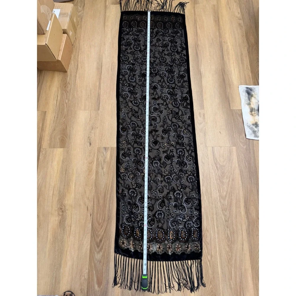 Vtg Velvet Burnout Scarf silky Black Brown Floral Paisley Fringe Witchy Romantic